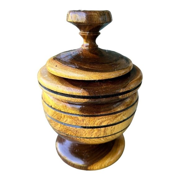 VTG Lathe Turned Wood Vase Bowl Two-Tone Lidded Container Handmade 9" X 5.2" - Picture 1 of 10
